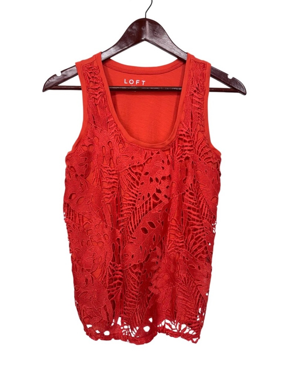 LOFT Solid Orange Crocheted Lace Palm Leaf Overlay Scoop Neck Tank Top Size XS